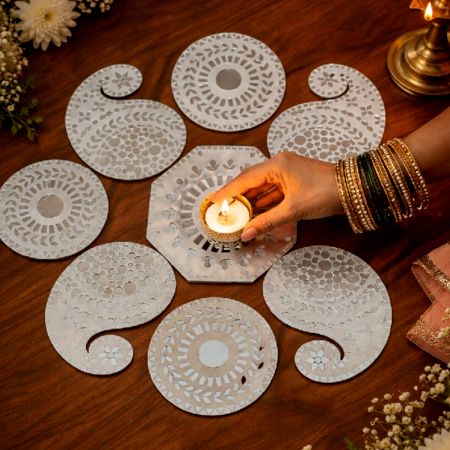 Handcrafted Mirror Mosaic Paisley Rangoli Decor with Tealight Holder